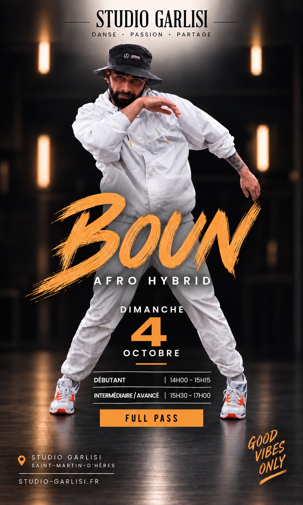 Affiche du stage Afro Hybrid avec Boun, dimanche 4 octobre au Studio Garlisi